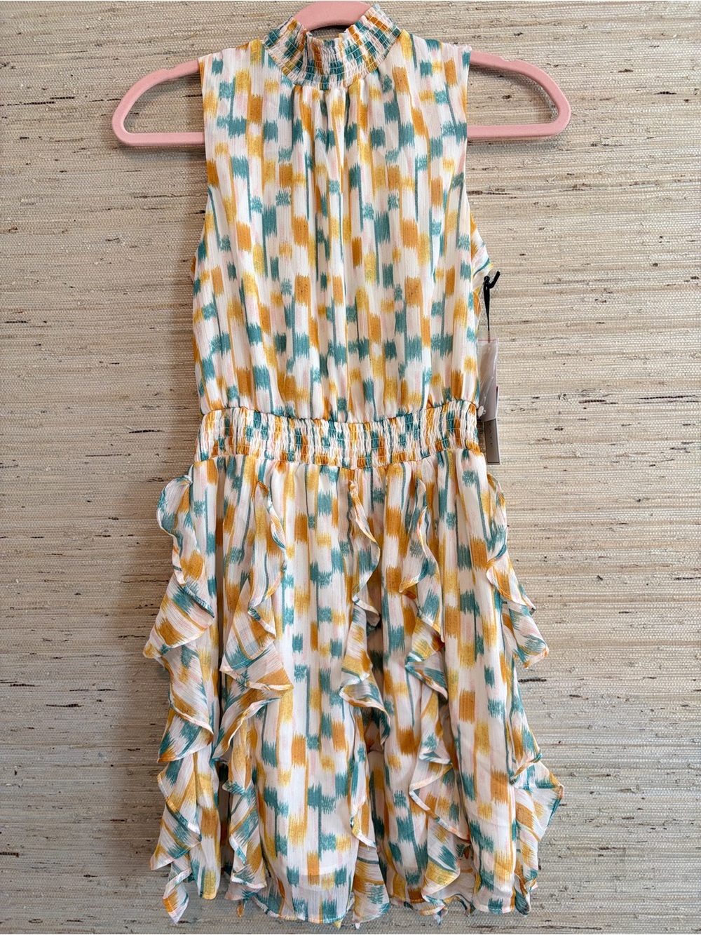 1. State Sleeveless White Mini Dress with Mustard & Teal Brushstroke Print